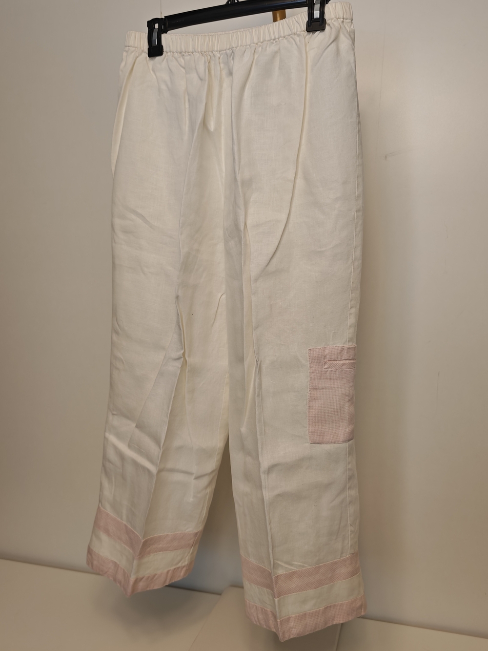 Vintage Feminine Baggy Cream Wide Leg Linen Pants Pink Trim Size‎ XL Trousers